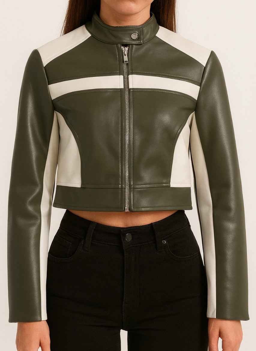 Cropped Two-Tone Faux Leather Jacket