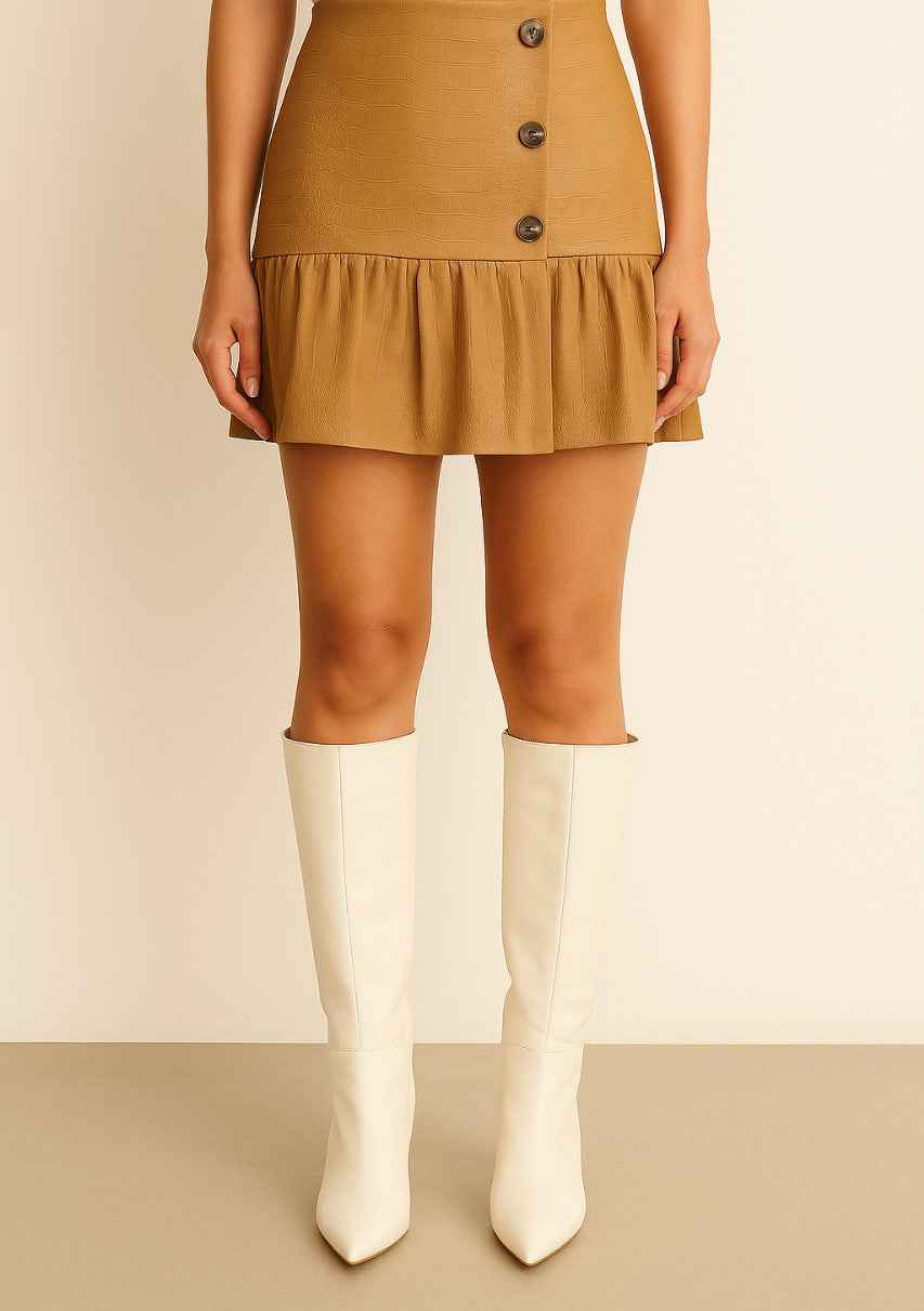 Pleated Faux Leather Mini Skirt with Button Detail