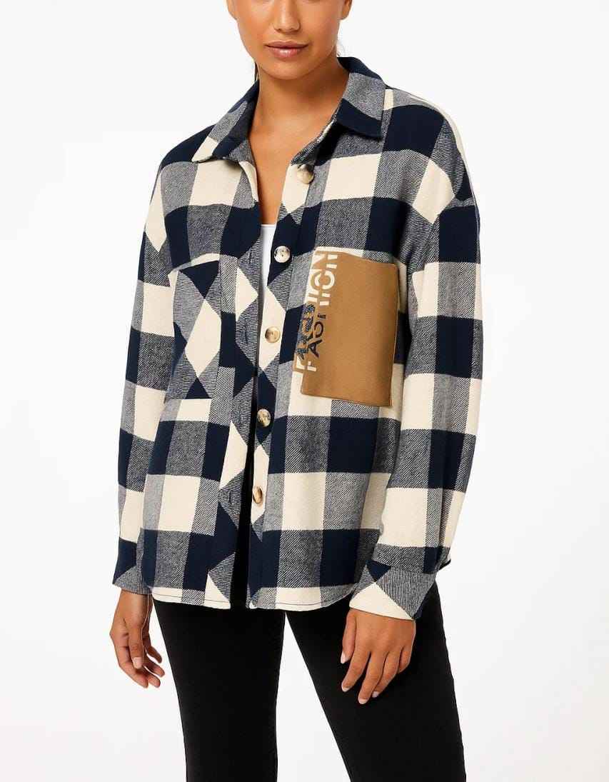 Checked Oversized Shirt Jacket with Contrast Pocket