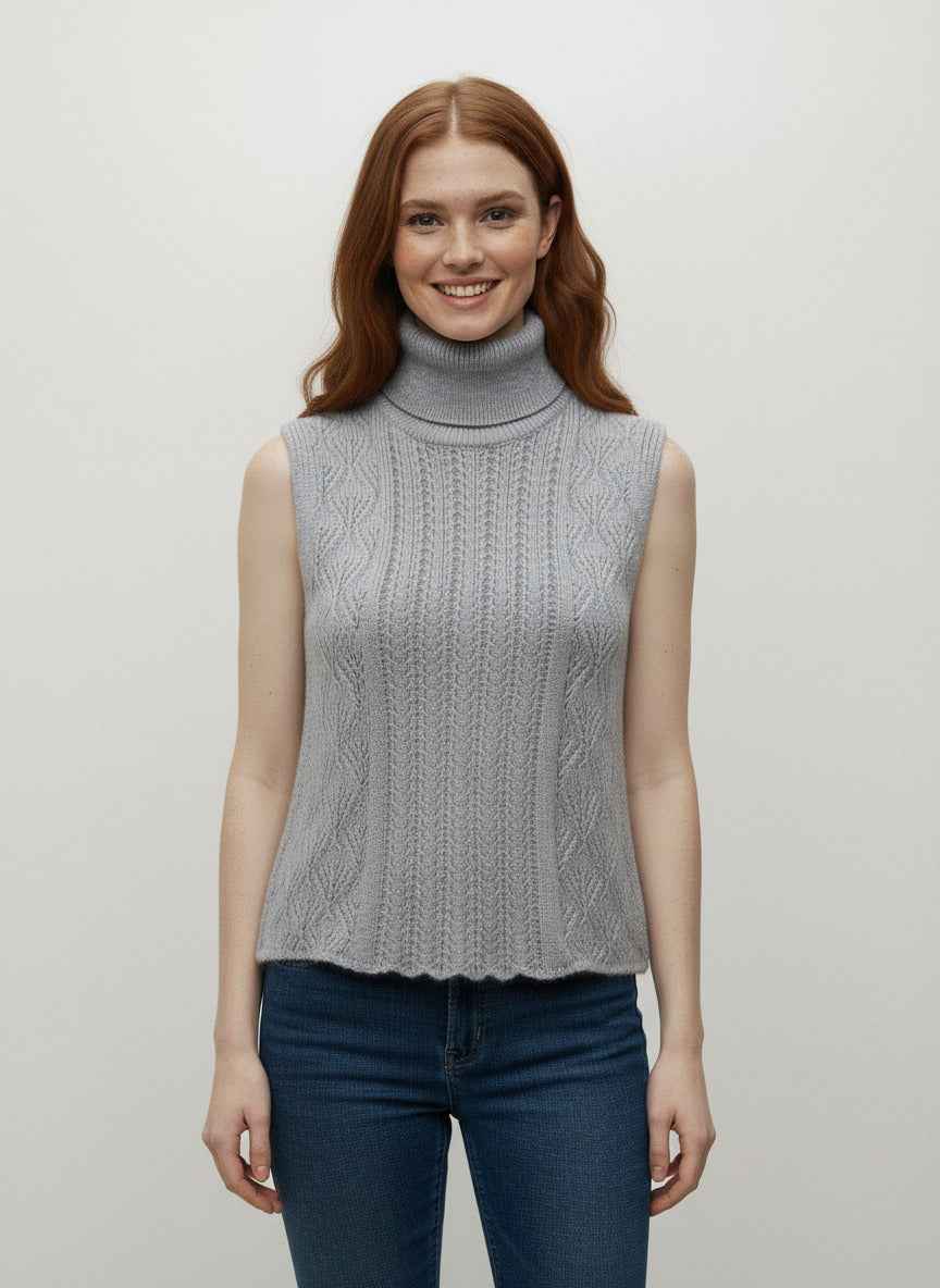 Chic High-Neck Cable Knit Vest