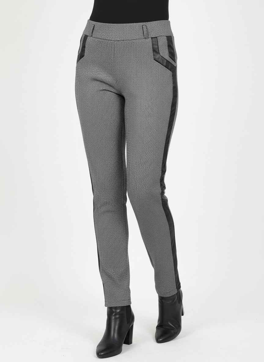 Textured Slim-Fit Pants with Faux-Leather Details