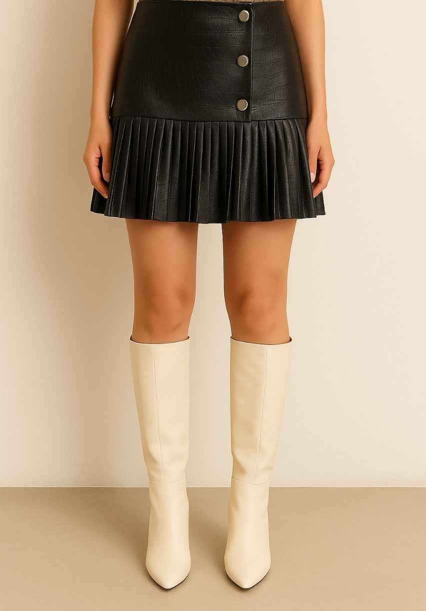 Pleated Faux Leather Mini Skirt with Button Detail