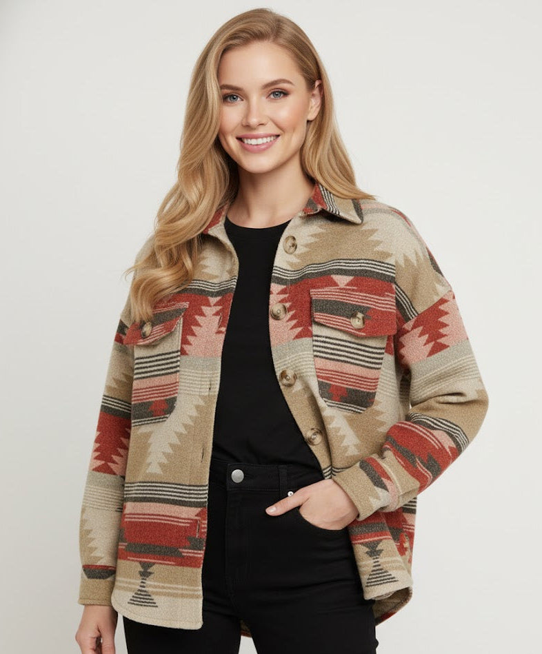 Aztec Pattern Button-Up Overshirt – Cozy, Stylish & Boho Chic