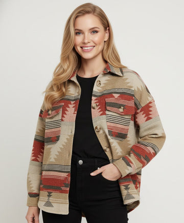 Aztec Pattern Button-Up Overshirt – Cozy, Stylish & Boho Chic