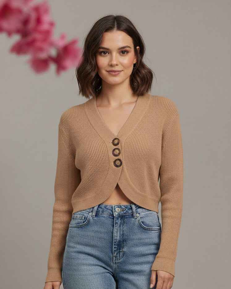Ribbed Cropped Cardigan with Front Buttons