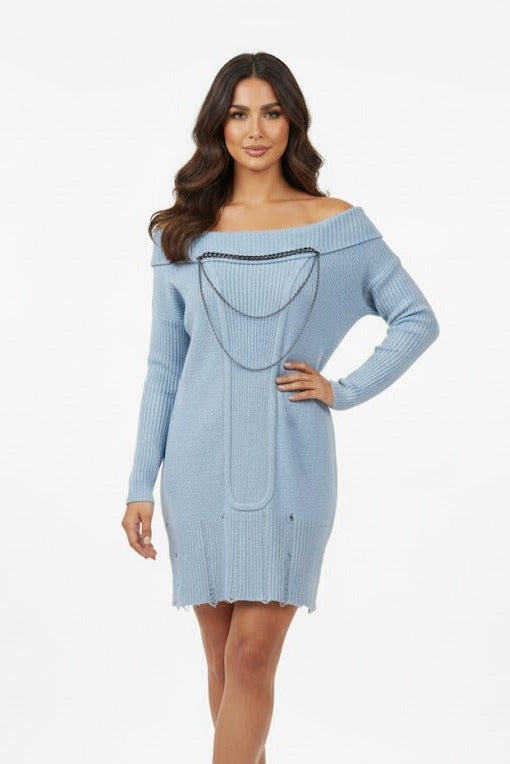 Off-Shoulder Knit Sweater Dress with Chain Detail