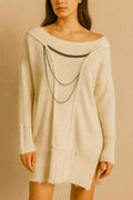 Off-Shoulder Knit Sweater Dress with Chain Detail
