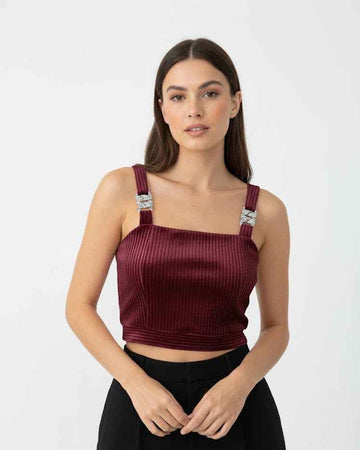 Ribbed Satin Crop Top with Embellished Straps