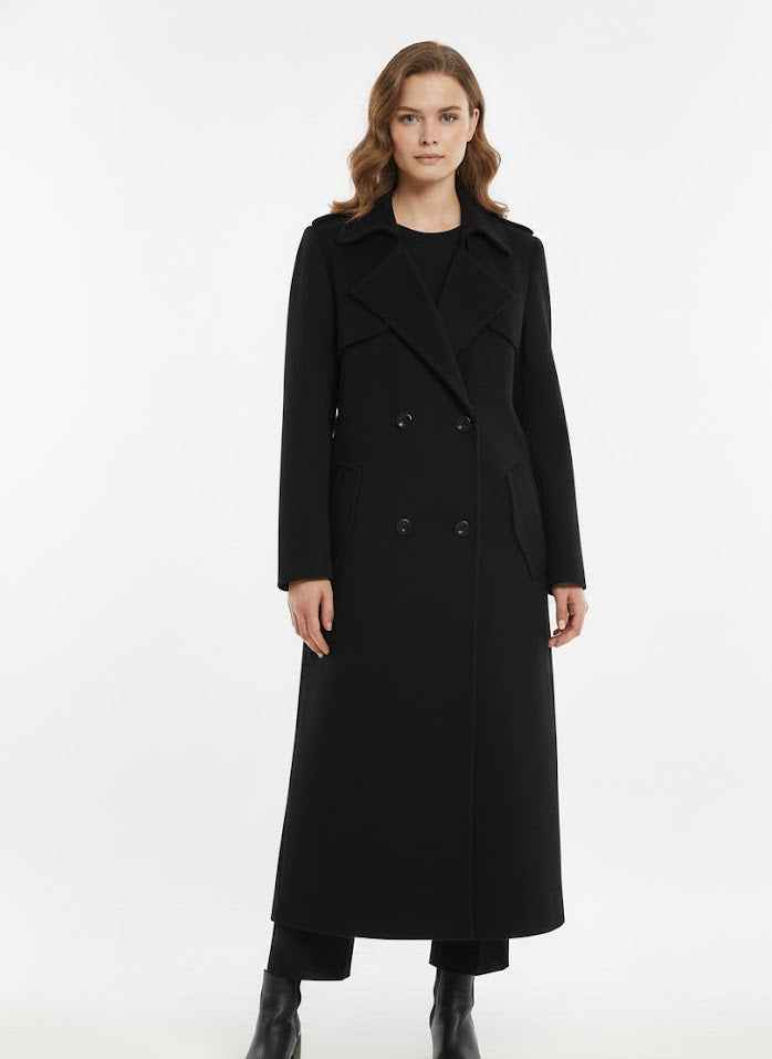 Long Double-Breasted Coat with Lapel Collar