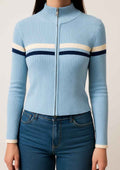 Ribbed Zip-Up Knit Top with Stripe Detail