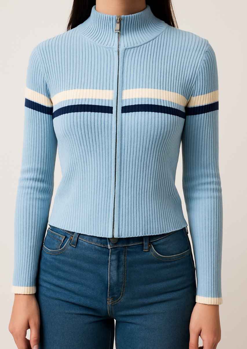 Ribbed Zip-Up Knit Top with Stripe Detail