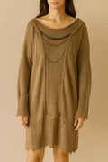Off-Shoulder Knit Sweater Dress with Chain Detail
