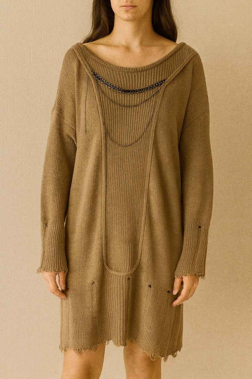 Off-Shoulder Knit Sweater Dress with Chain Detail