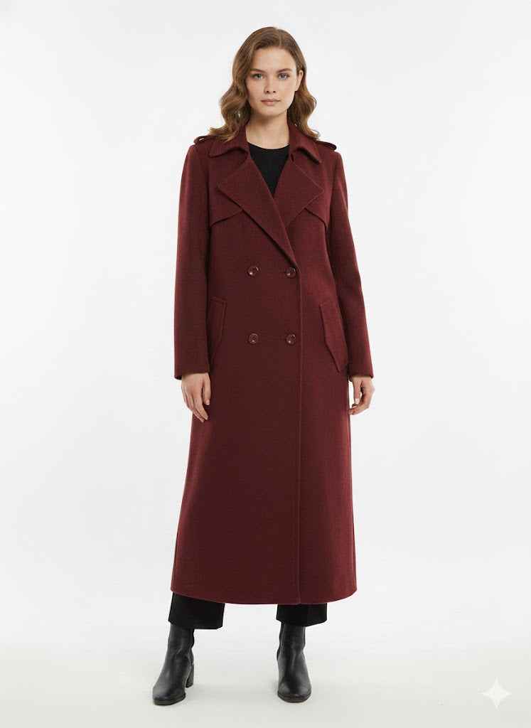 Long Double-Breasted Coat with Lapel Collar