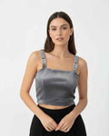 Ribbed Satin Crop Top with Embellished Straps