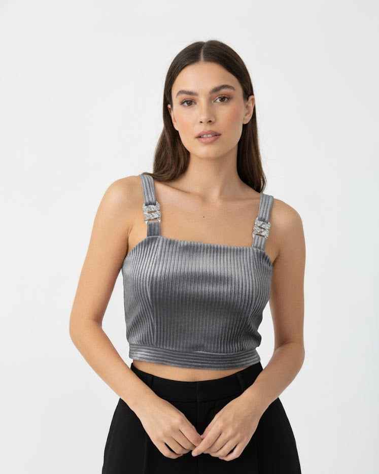 Ribbed Satin Crop Top with Embellished Straps