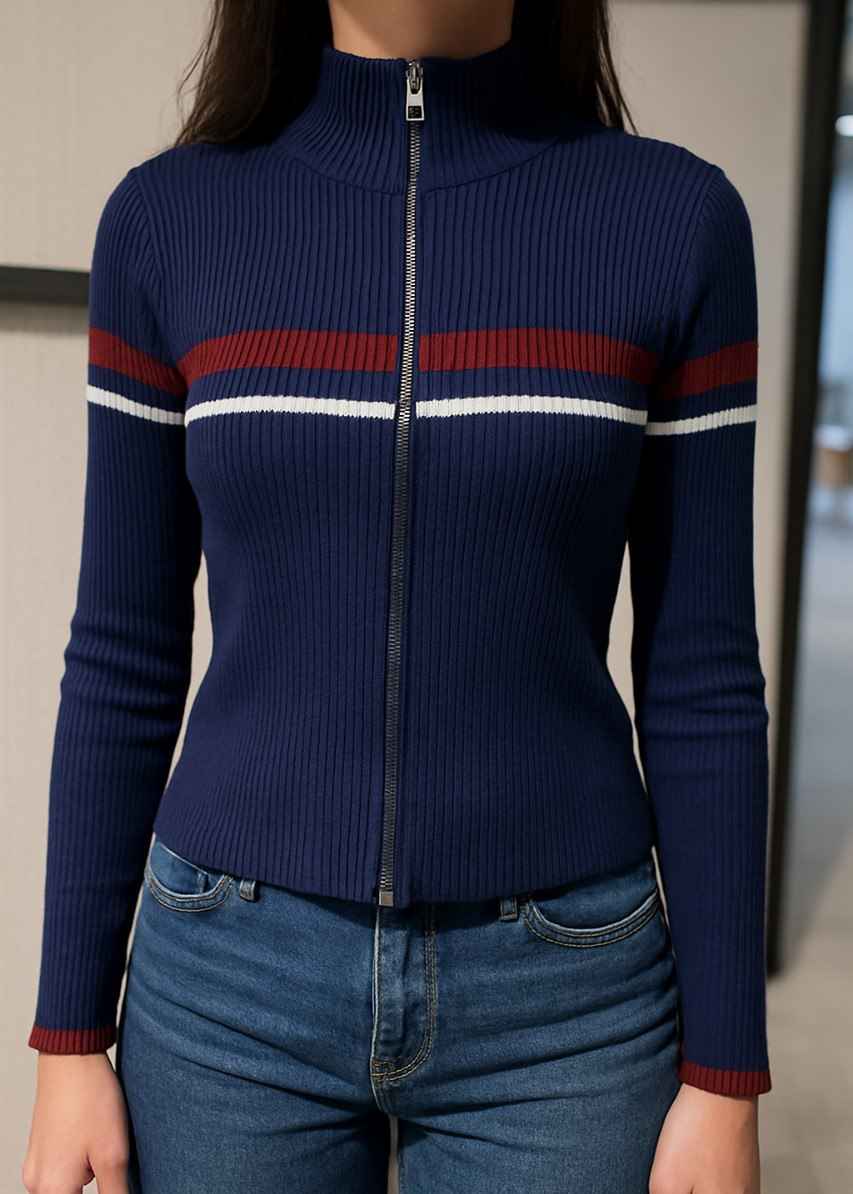 Ribbed Zip-Up Knit Top with Stripe Detail