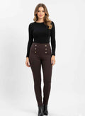 High-Waist Slim Pants with Button Detail
