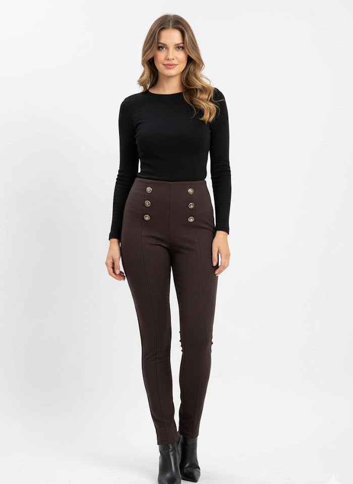 High-Waist Slim Pants with Button Detail