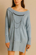 Off-Shoulder Knit Sweater Dress with Chain Detail