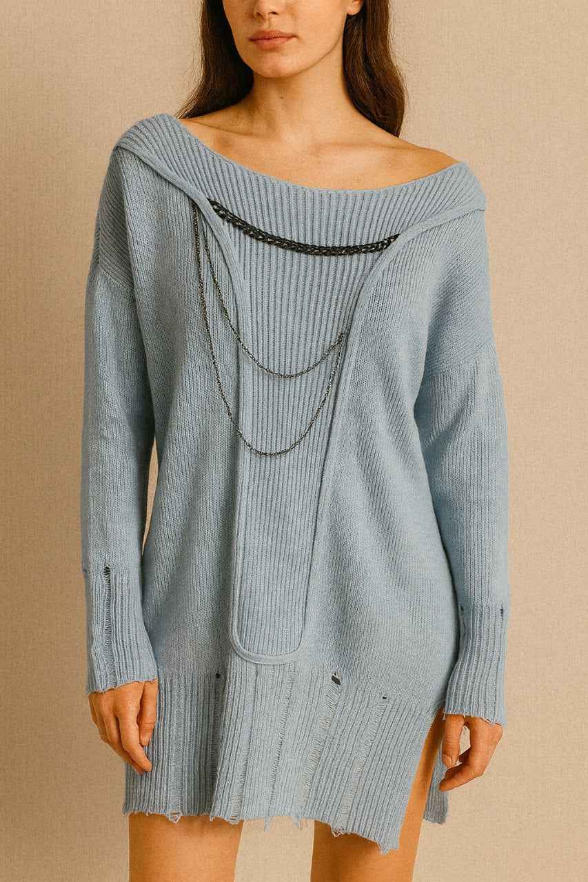 Off-Shoulder Knit Sweater Dress with Chain Detail