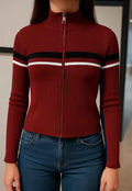 Ribbed Zip-Up Knit Top with Stripe Detail