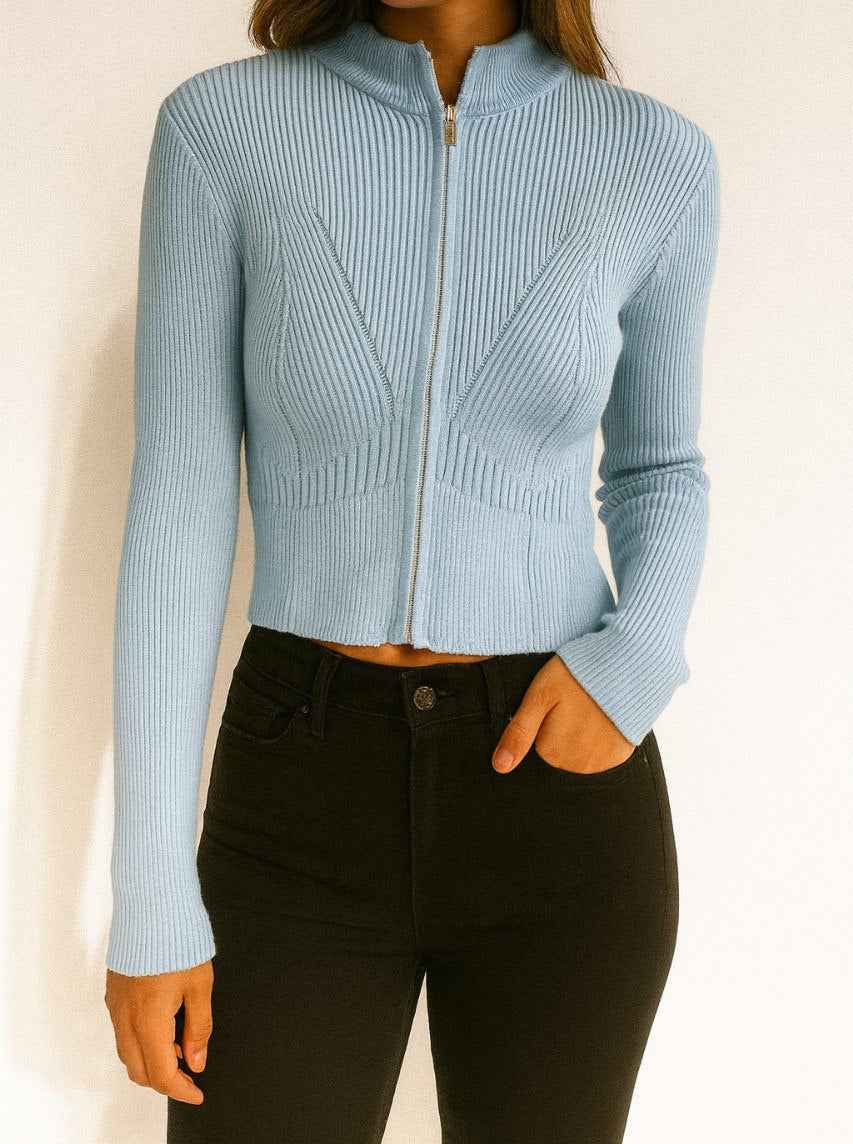 Ribbed Knit Cropped Zip-Up Top