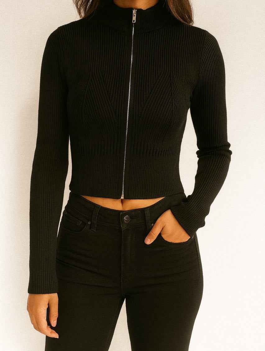 Ribbed Knit Cropped Zip-Up Top