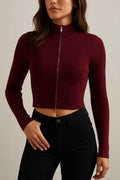 Ribbed Knit Cropped Zip-Up Top