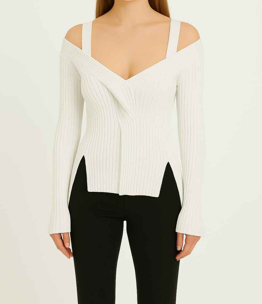 Ribbed Off-Shoulder Knit Top with Straps