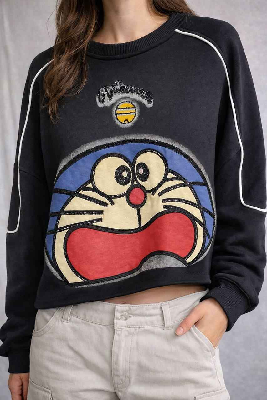 Graphic Cropped Sweatshirt with Crew Neck