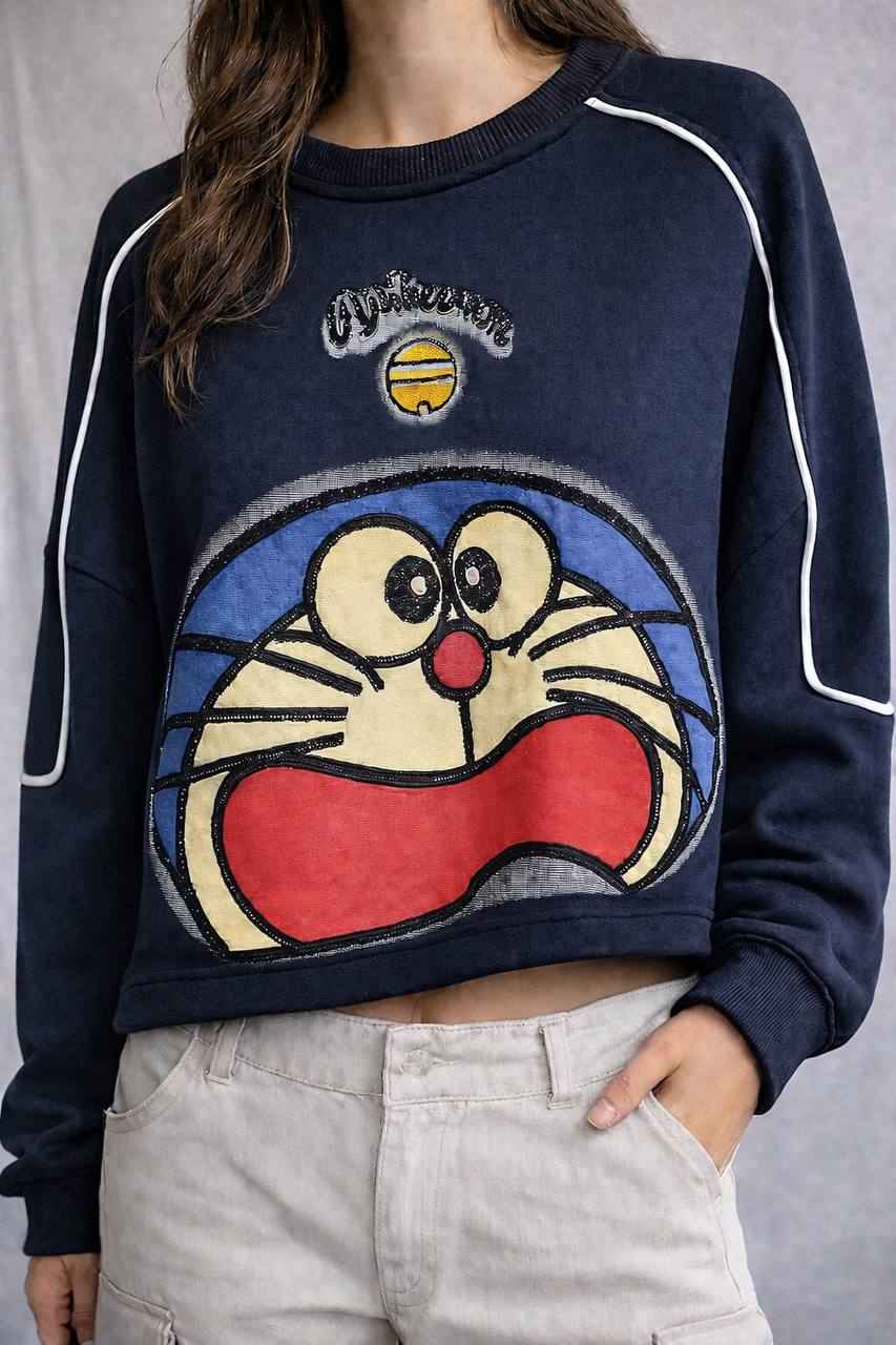 Graphic Cropped Sweatshirt with Crew Neck