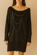 Off-Shoulder Knit Sweater Dress with Chain Detail