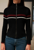 Ribbed Zip-Up Knit Top with Stripe Detail