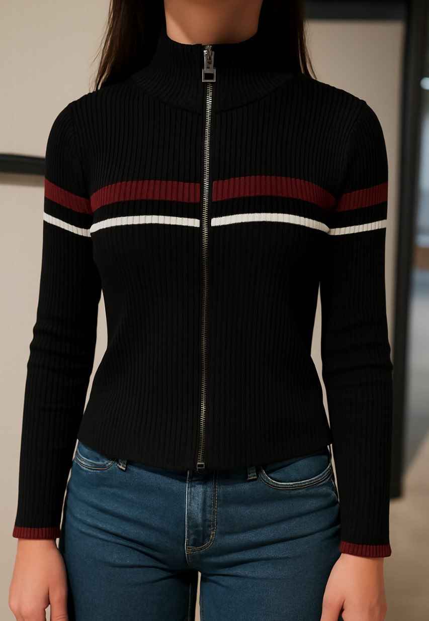 Ribbed Zip-Up Knit Top with Stripe Detail