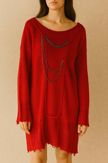 Off-Shoulder Knit Sweater Dress with Chain Detail